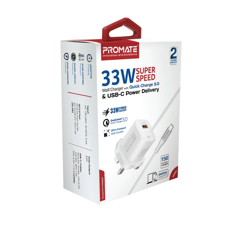 [NS003876] Promate 33W Super Speed Wall Charger with Quick Charge 3.0 & USB-C Power Delivery White