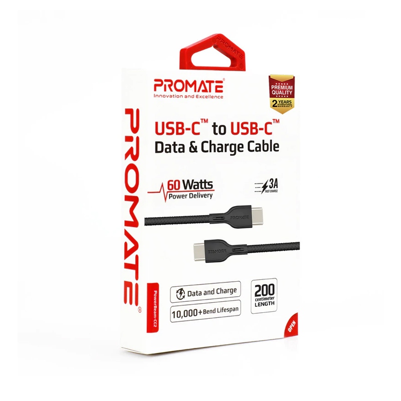 [NS003859] Promate Power Beam-CC2 Blue 60W Power Delivery Enabled USB-C to USB-C Data Sync & Charge Cable - Black