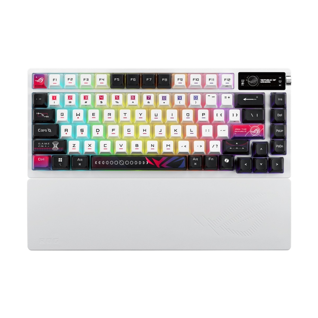 Asus ROG Azoth X M704 75% Tri-Mode Wireless/Bluetooth Wired RGB Gaming Keyboard, ROG NX V2 Mechanical Switches, OLED Display, Three-Way Control Knob, Wrist Rest, Eng/Arabic- White