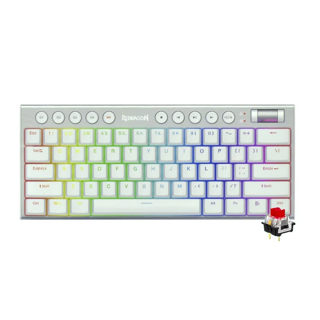 Redragon Horus Mini WireLess/Bluetooth 60% Low-Profile Mechanical Gaming Keyboard, Ultra-Slim Design, Dust-Proof Red Switch - White