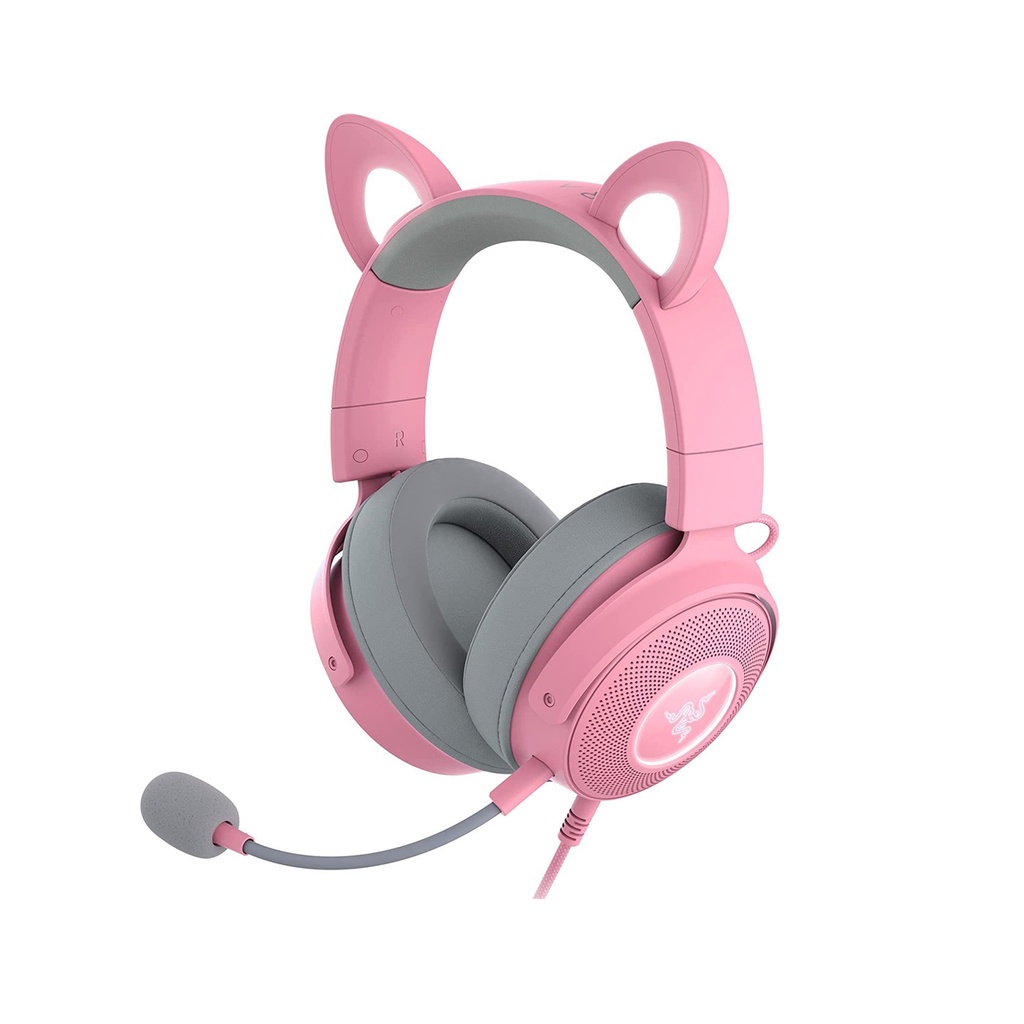 [NS010855] Razer Kraken Kitty V2 Pro Wired RGB Headset: Interchangeable Ears (Kitty, Bear, Bunny), Stream Reactive Lighting, Detachable HyperClear Cardioid Mic, 50mm Drivers, 7.1 Surround Sound - Quartz Pink