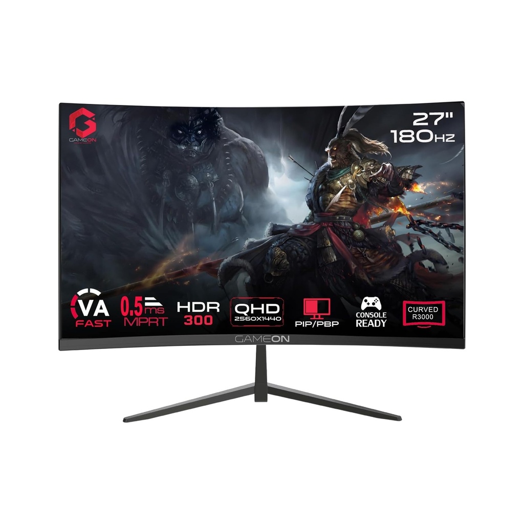 Gameon Pro Series 27" VA Panel QHD 180Hz 0.5ms HDMI 2.1, With AMD FreeSync & Nvidia G-Sync Compatible Curved R3000 Gaming Monitor