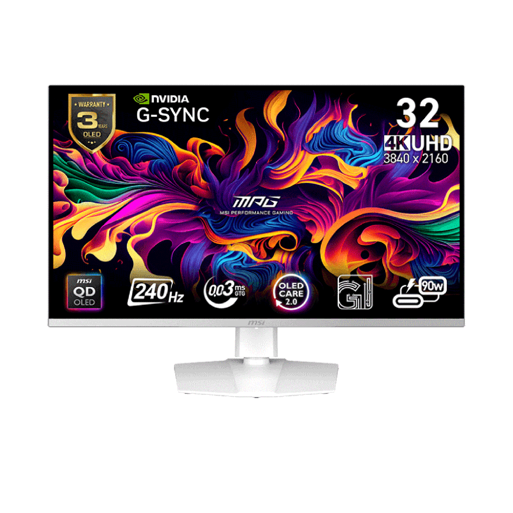 MSI MPG 321URXW QD-OLED 32" 4K UHD Gaming Monitor, 240Hz Refresh Rate, 0.03ms Response Time, OLED Panel, Adaptive-Sync, Custom HeatSink, HDMI 2.1/USB-C & Standard Ports, White | 9S6-3DD29A-050