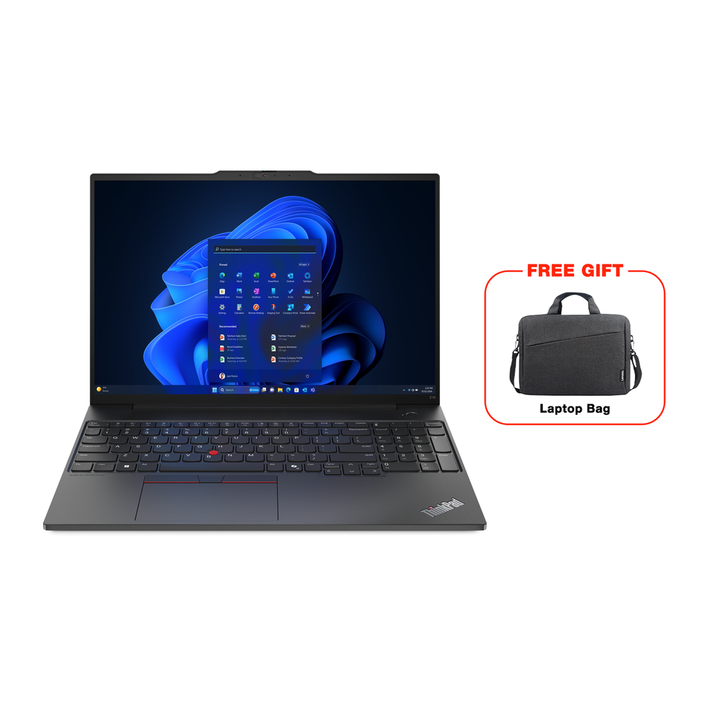 [NS027750] Lenovo ThinkPad E16 Gen2 Laptop, Intel Ultra 7-155H Processor, 16GB DDR5 RAM, 512GB SSD, Intel Arc Graphics (integrated), 16-inch IPS FHD+ (1920x1200) Screen, Wi-Fi 6E+BT 5.3, Windows 11 Pro (License) + Toploader laptop Bag - Black