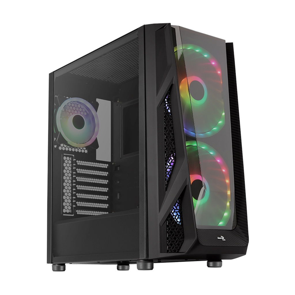 AeroCool NightHawk Mid-Tower Acrylic Front Panel Side Tempered Glass Panel Case with 3 RGB Fans - Black