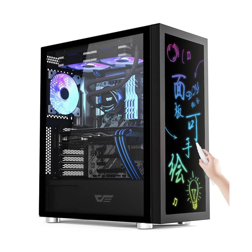 Dark Flash Graffiti Interactive Drawing ARGB Front Panel Tempered Glass Side Panel 3 ARGB Fan MID Tower ATX Case