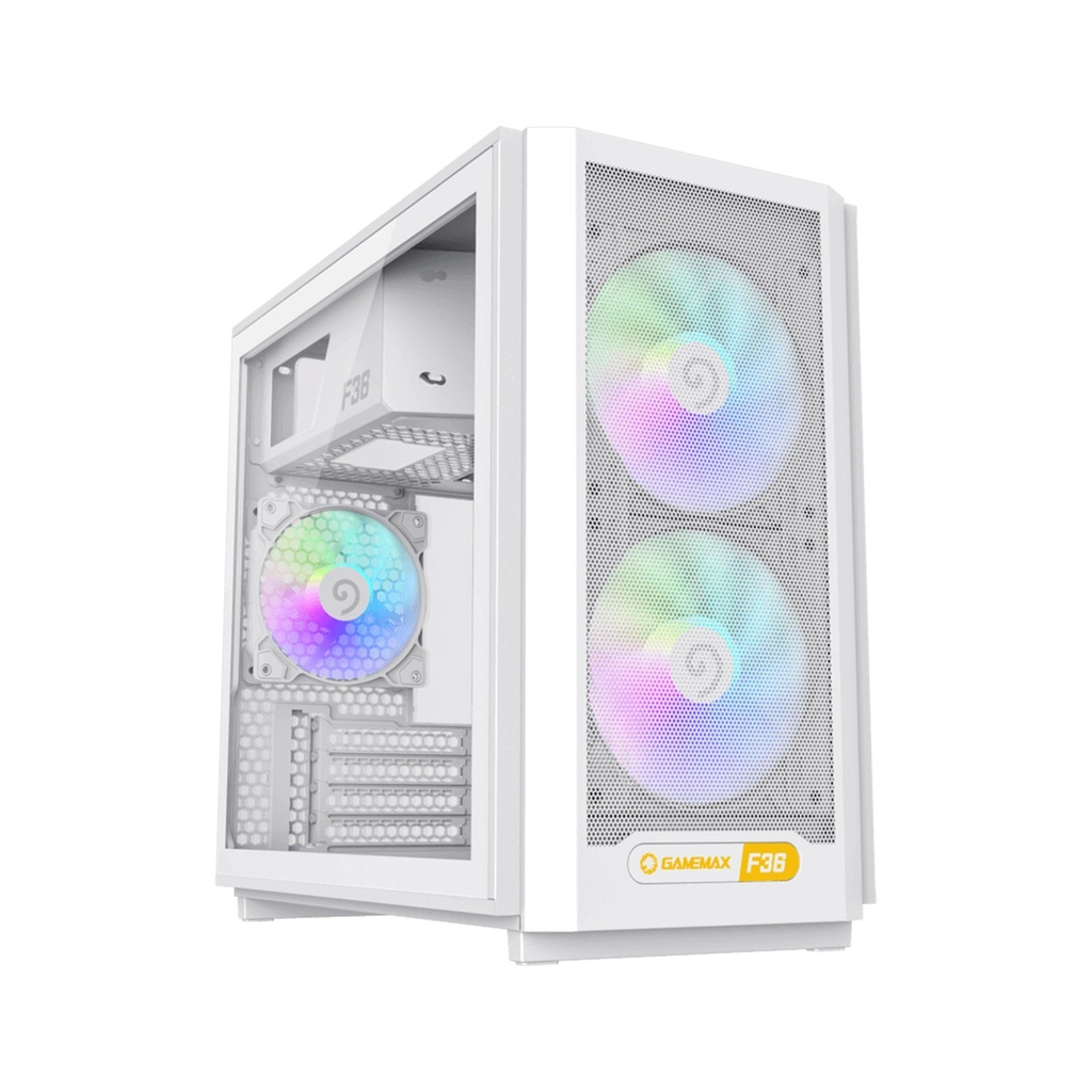 GameMax F36 Micro Tower Mesh Tempered Glass Side Panel Case with 3 RGB Fans - White