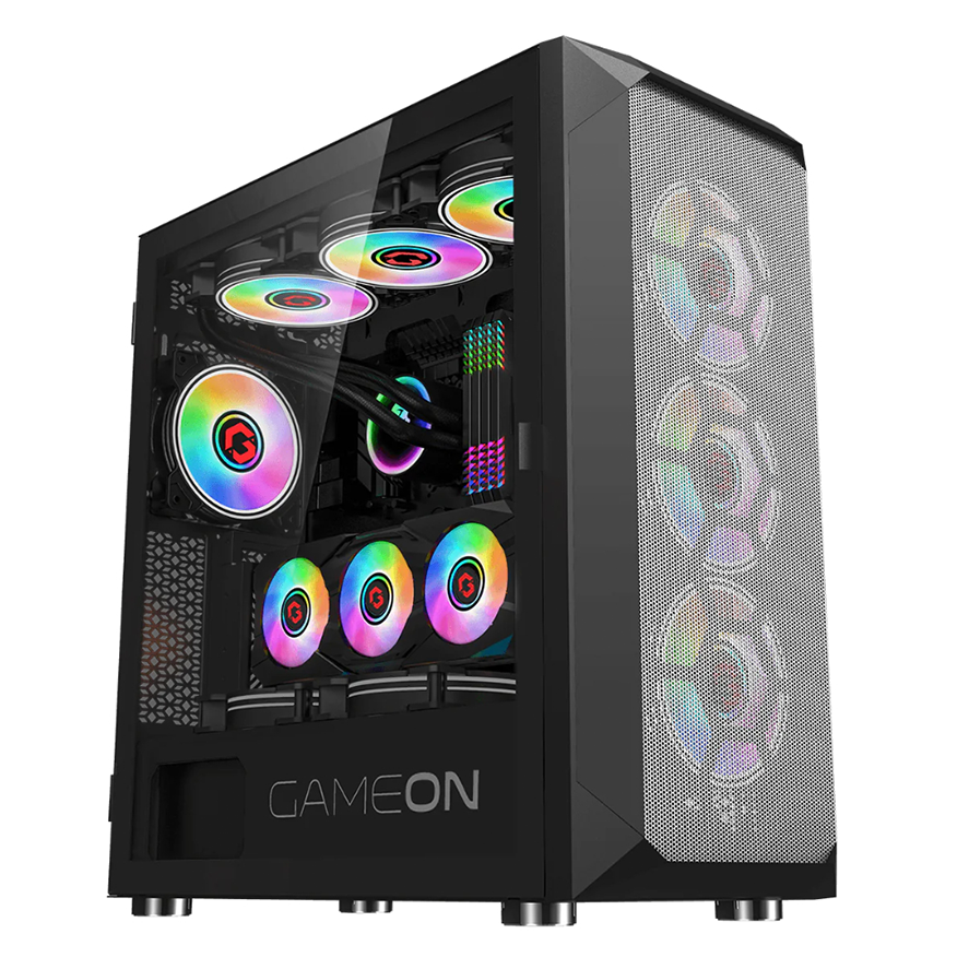 [NS016104] GameOn Emperor Arctic I Series Mid Tower Tempered Glass Side Panel Case with 7 ARGB Fans - Black
