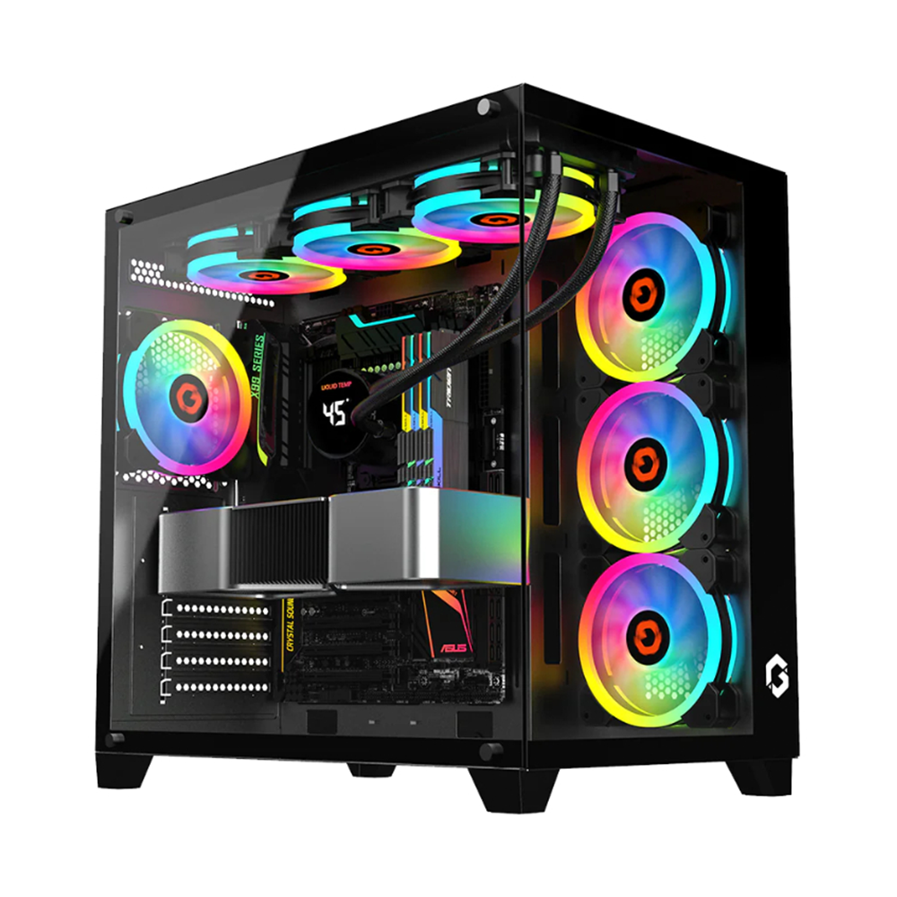GameOn Emperor Arctic Series Mid Tower Two Side Panel Front & Left Side Tempered Glass Case with 7 ARGB Fans - Black