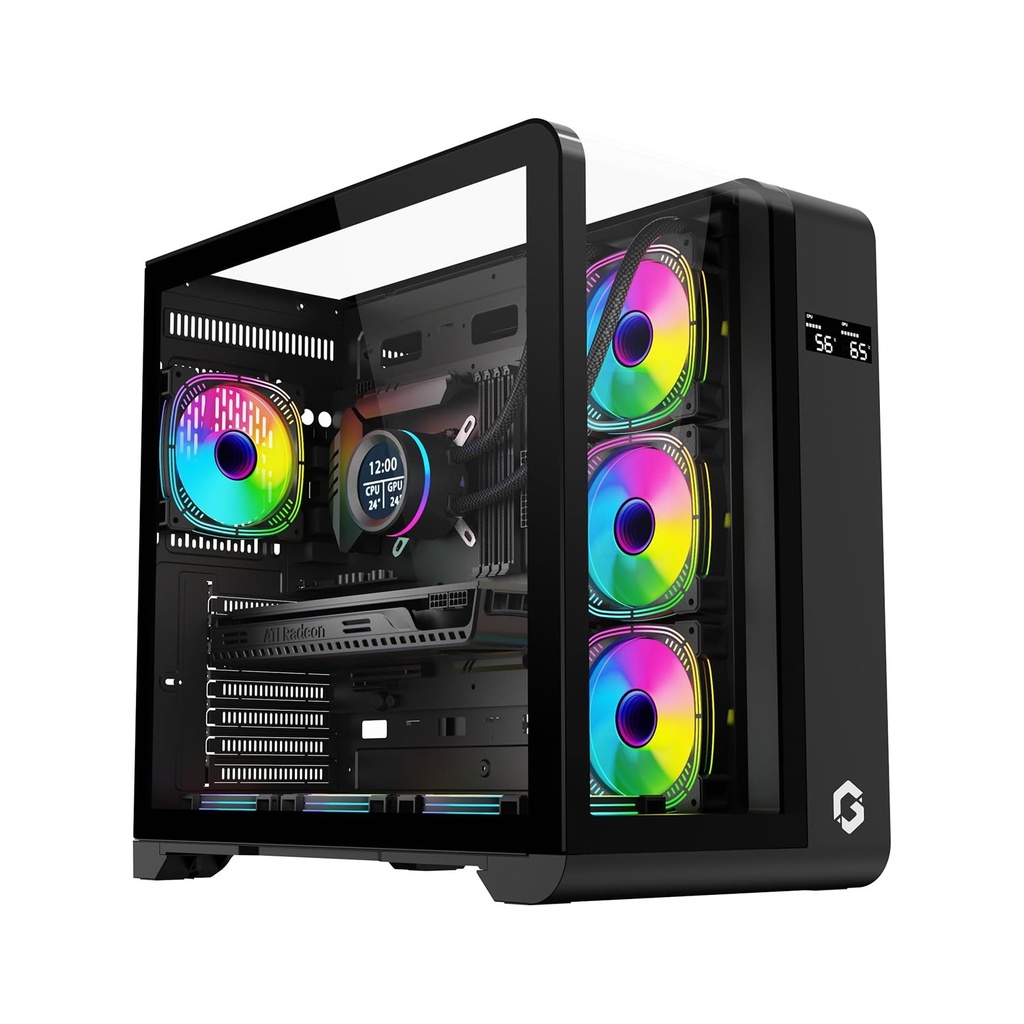 GameOn Infinity Series Digital Display Screen Mid Tower Three Panel Front,Top & Left Side Tempered Glass Case With 7 RGB Fans - Black