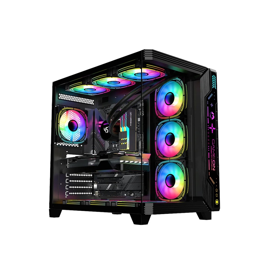 [NS028006] GameOn Pulse Series Mid Tower Two Panel Front & Left Side Tempered Glass Case With 7 RGB Fans - Black
