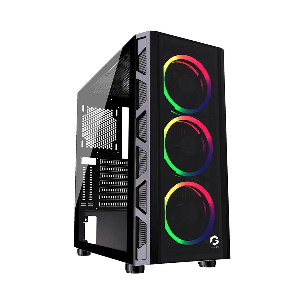 [NS010551] GameOn Trident II Mid Tower Fornt Panel Tempered Glass Side Panel Case With 3 RGB Fans - Black