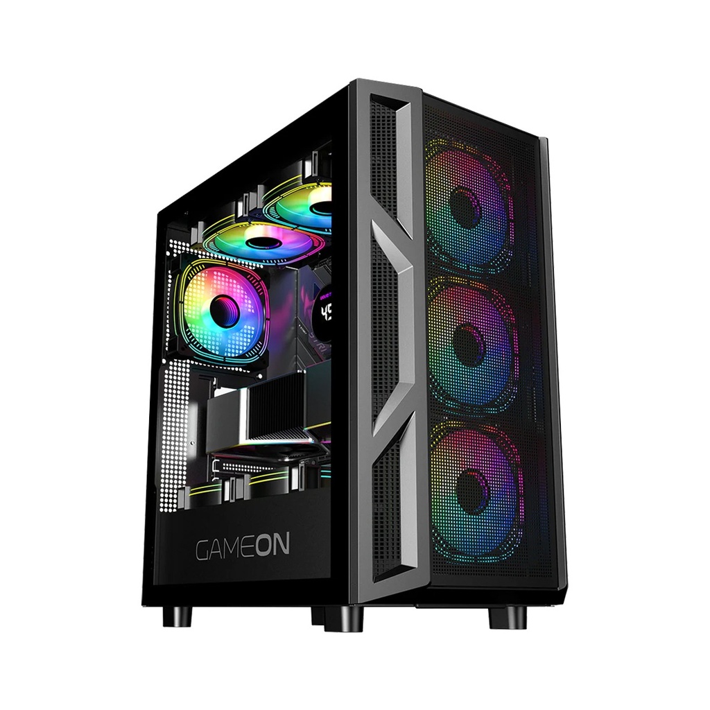 [NS028008] GameOn Trident IV Series Mid Tower Side Tempered Glass Panel Case with 4 RGB Fan - Black