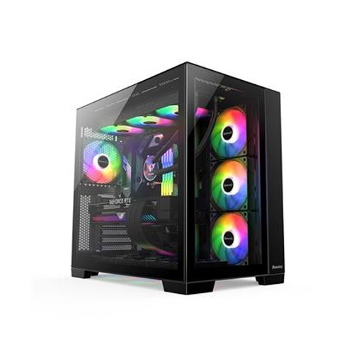 [NS030136] Huntkey Appolo Max ATX Mid Tower Two Panel Front & Left Side Tempered Glass Gaming Case, Dual-Chamber Cooling Layout, Up to 360mm Radiator Support, 7x Pre-Installed RGB Fans - Black