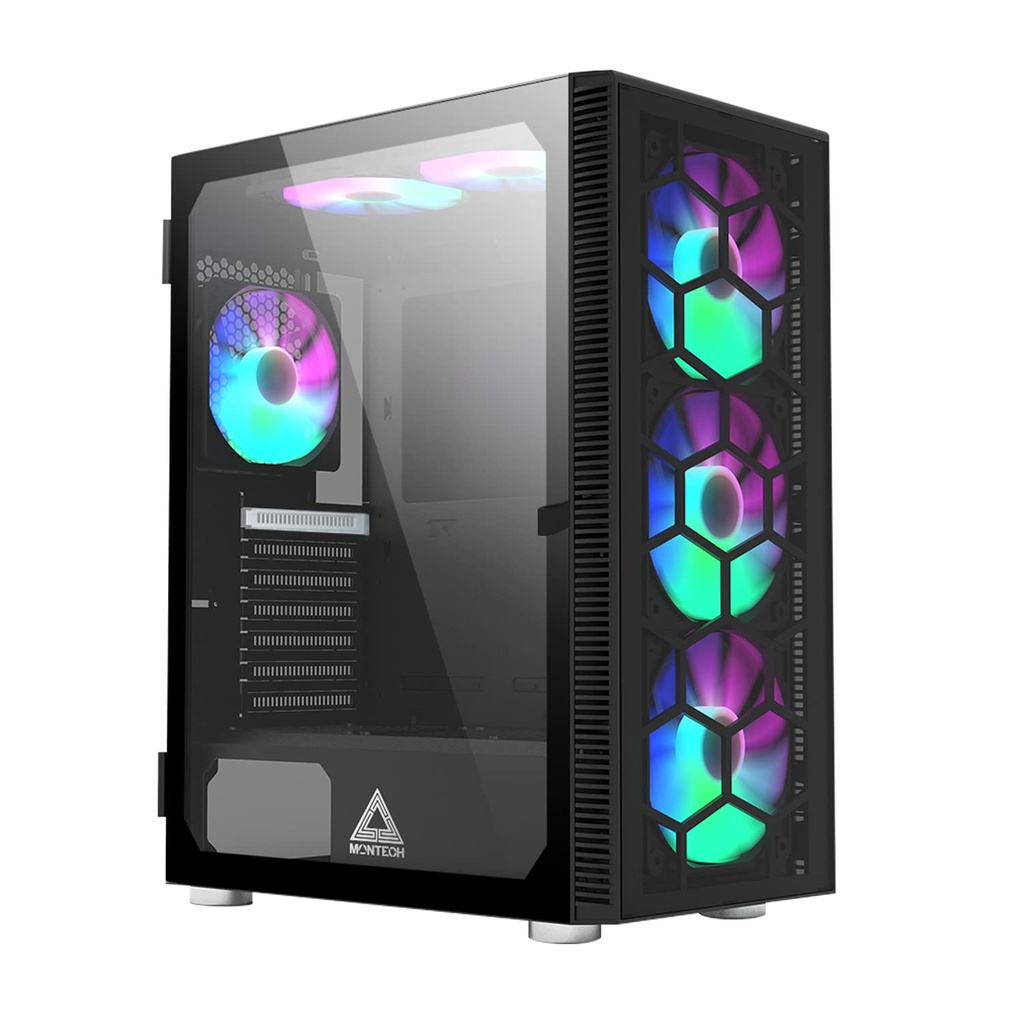 Montech X3 Glass Mid Tower Two Panel Front & Left Side Tempered Glass Case with 6 RGB Fans - Black