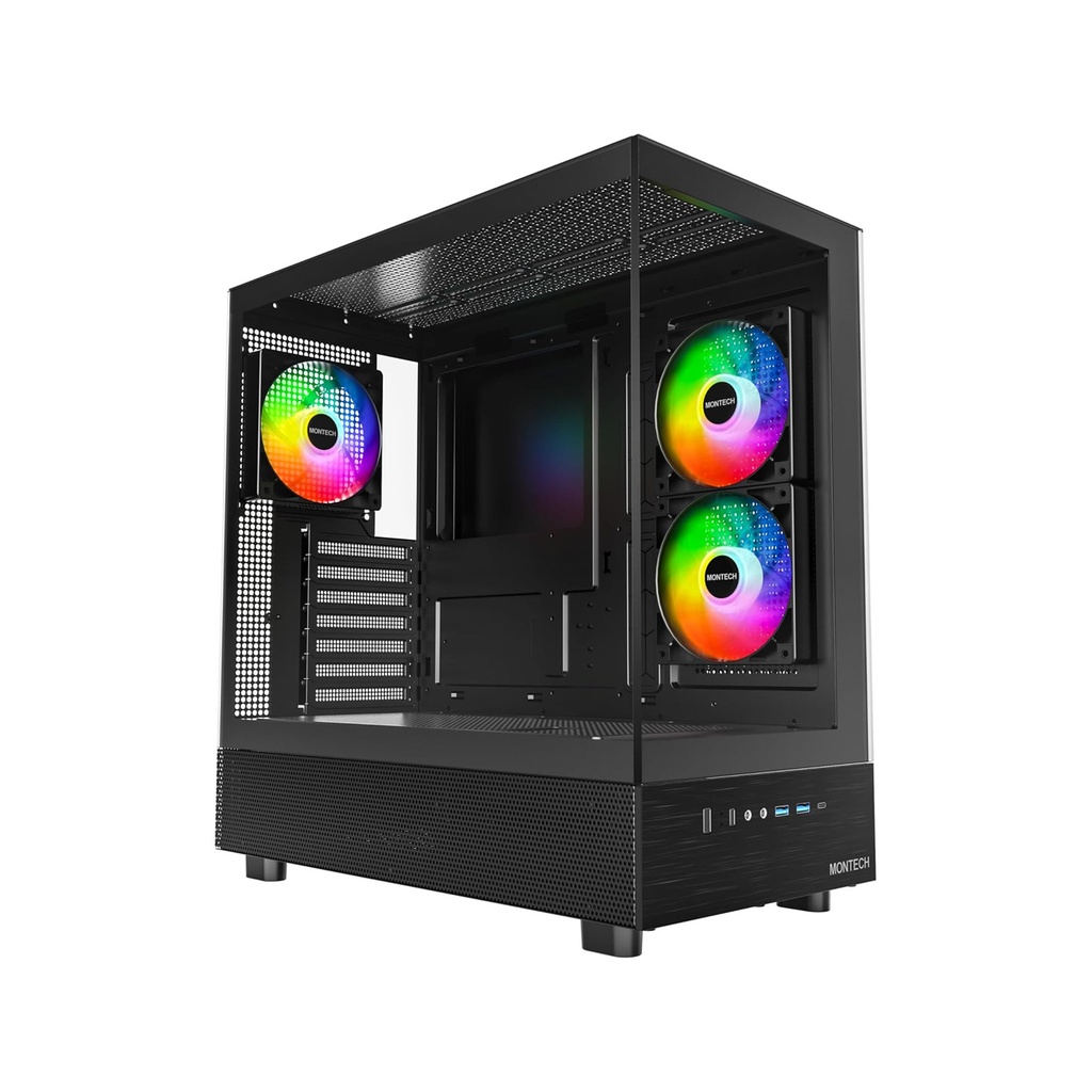 Montech XR Mid Tower Two Panel Front & Left Side Tempered Glass Case with 3 RGB Fans - Black