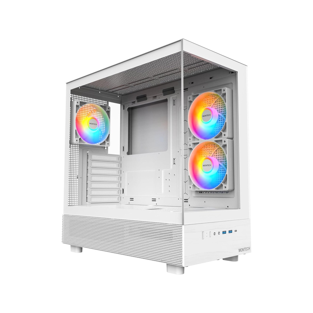 [NS027204] Montech XR Mid Tower Two Panel Front & Left Side Tempered Glass Case with 3 RGB Fans - White