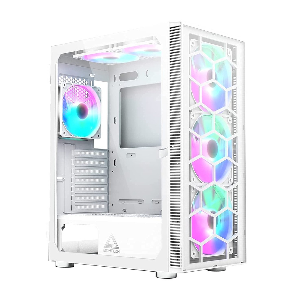 [NS027208] Montech XR Mid Tower Two Panel Front & Left Side Tempered Glass Case with 6 RGB Fans - White