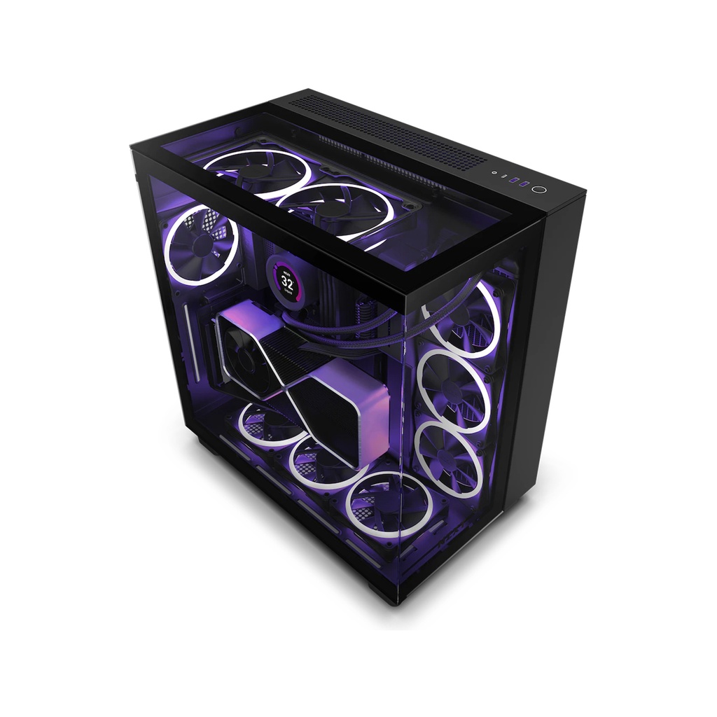 NZXT H9 Elite Premium Dual Chamber Mid Tower Three Panel Front/Top & Left Side Tempered Glass Case With 4 RGB Fans - Black