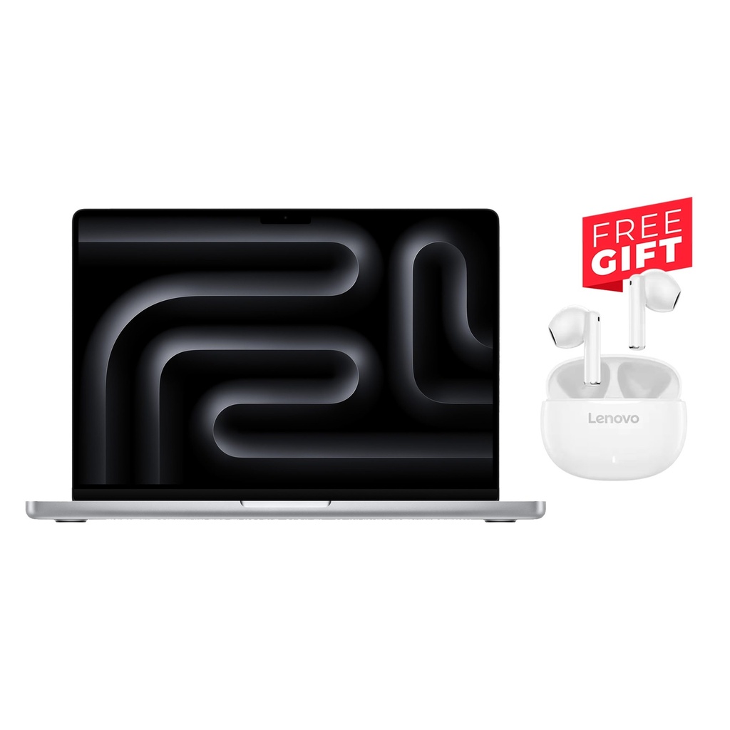 [NS029708] Apple MacBook Pro 14'' M3 Chip 8-Core CPU 10-Core GPU 8GB RAM 512GB SSD (Eng/Arb KB) - Silver + Freegift Lenovo E310 True Wireless Stereo Earbuds