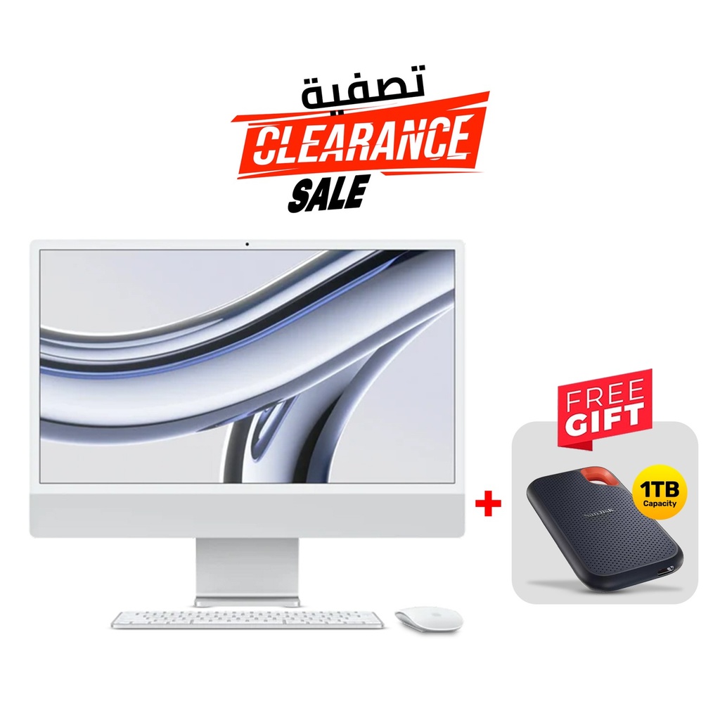 [NS026553] Apple iMac 24" M3 Chip, 8-Core CPU, 10-Core GPU 16GB RAM, 1TB SSD, Magic Keyboard with Touch ID (English/Arabic) Silver + SanDisk 1TB Extreme Portable SSD, 256‐bit AES-Up to 1050MB/s (SDSSDE61-1T00-G25) (FREE GIFT)