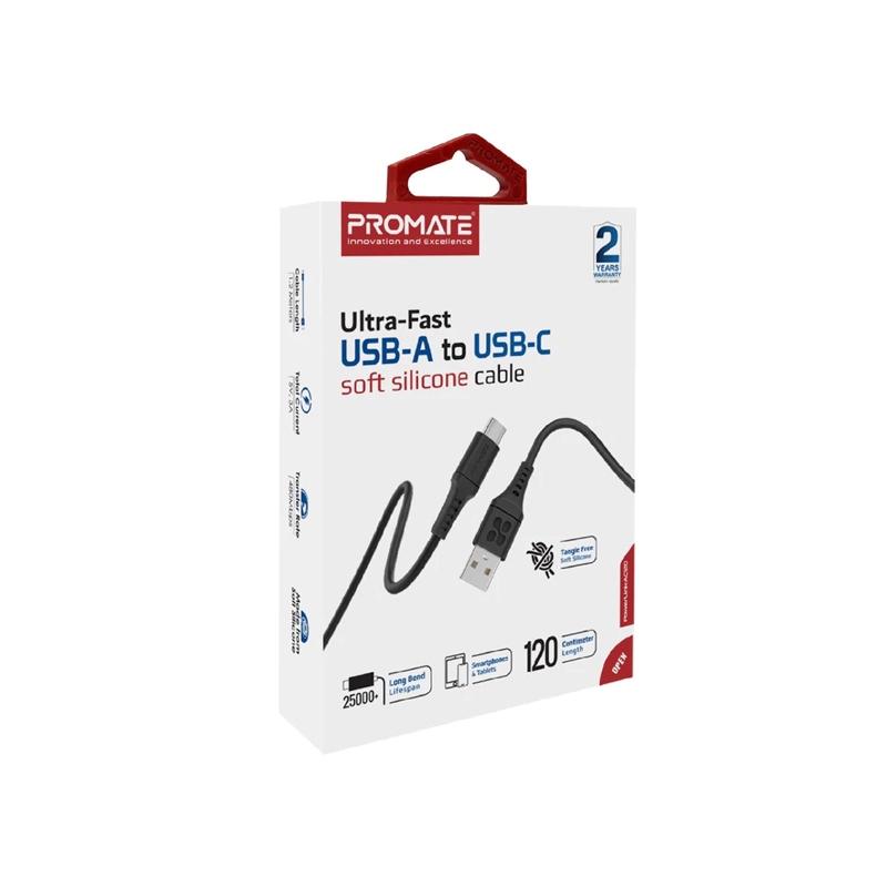 [NS004243] Promate 20W Power Delivery Ultra Fast USB-A to USB-C Soft Silicone Cable Black