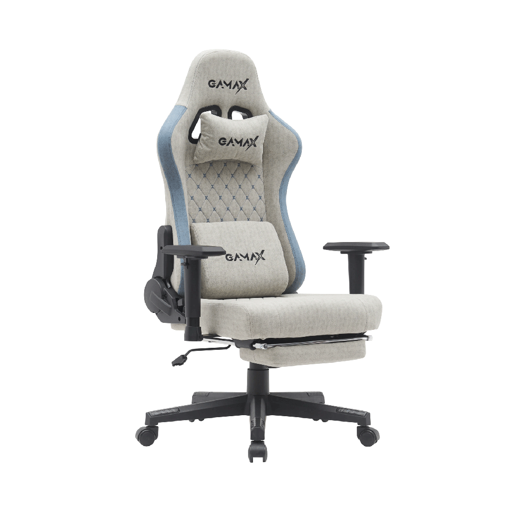 [NS031302] Gamax Gaming Chair Adjustable Armrest 360 Degree Swivel Seat With Premium Fabric & Foot Rest - Light Gray