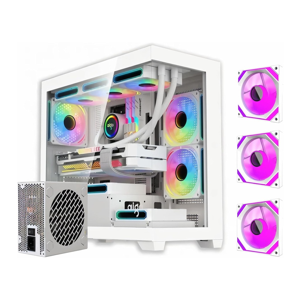 [NS033332] DarkFlash C218M M-ATX/ITX Gaming PC Case with Pre-Installed 650W 80+ Bronze PSU and 3 ARGB Fans, 270 Degree Panoramic Glass, Supports 360 mm Radiator, 425 mm GPU Clearance, USB3.0 PC Case (White)