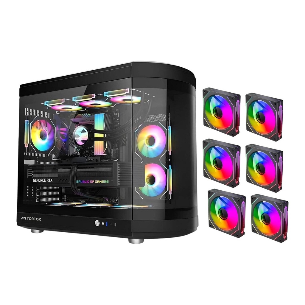 Tortox Vidrio Curved Glass Gaming PC Case, With 6*ARGB PWM Fans - Black