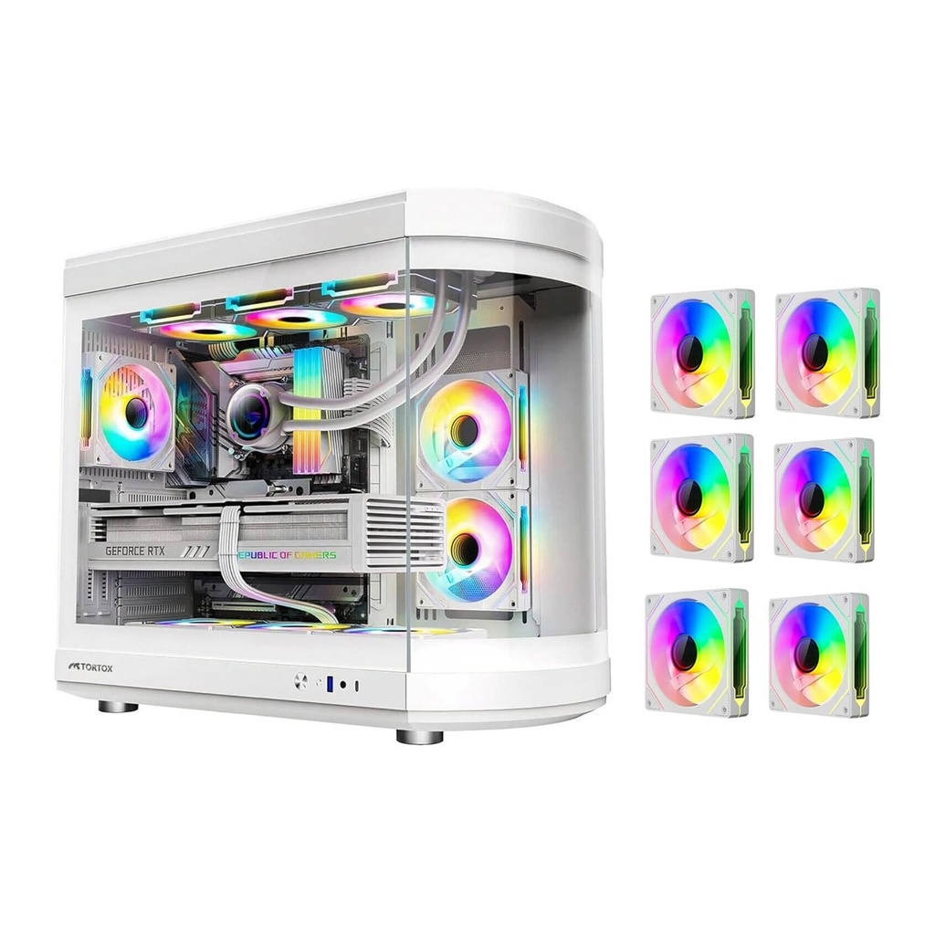 Tortox Vidrio Curved Glass Gaming PC Case, With 6*ARGB PWM Fans - White