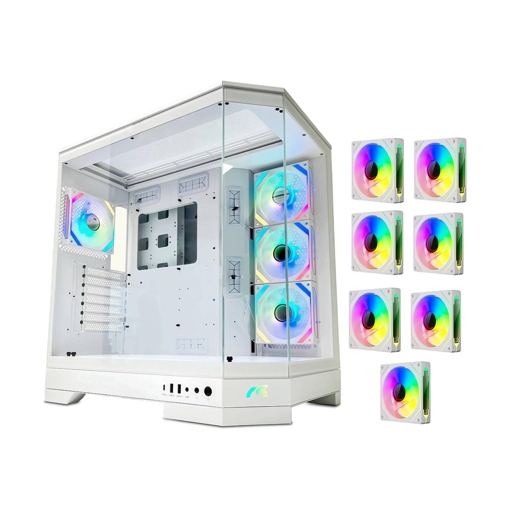Tortox Prism Core Triple Glass Gaming PC Case with 7*120mm ARGB Case Fans - White