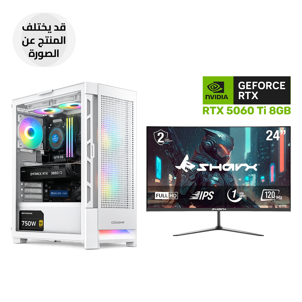 [NS033589] Gaming PC – Intel Core i5-14400F, H610 D5 Motherboard, 16GB D5 RAM, 1TB NVMe SSD, RTX 5060 Ti 8GB VGA, 750W PSU, Cougar Air Face Mid Tower Case White, 3x RGB Fans, Windows 11 Pro (License) + Sharx 24" FHD 120Hz Gaming Monitor