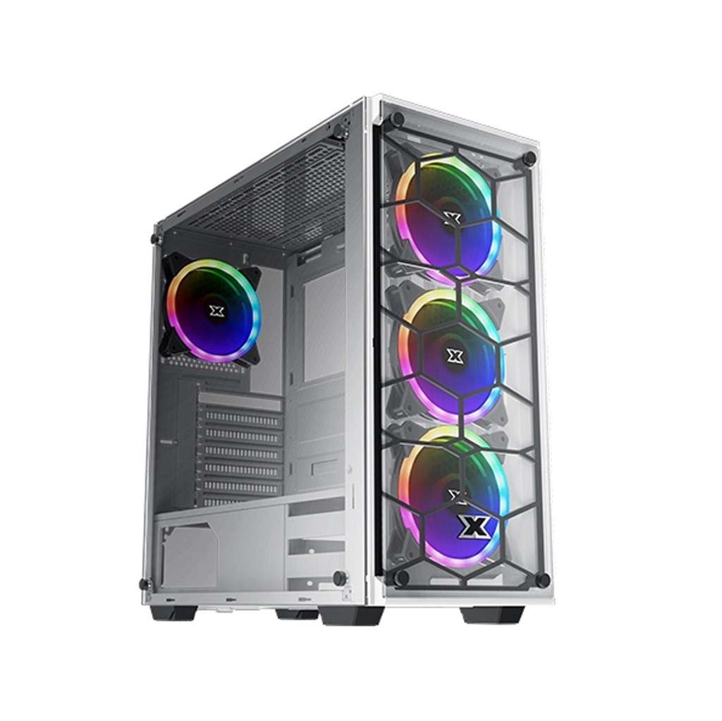 [NS011623] Xigmatek Venom X Arctic ATX Two Panel Front & Left Side Tempered Glass Case with 4 ARGB Fans - White