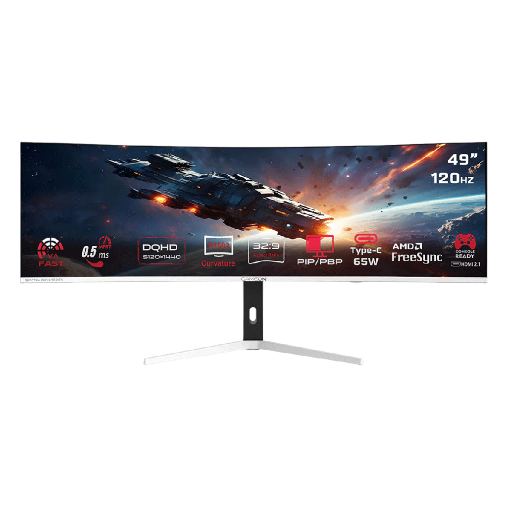 [NS033657] GameOn GOAC49DQHD120 Spectra Pro X Series 49" VA DQHD 120Hz MPRT 0.5ms, HDMI 2.1 Curved Gaming Monitor 1500R 32:9 (Supports PS5) -White