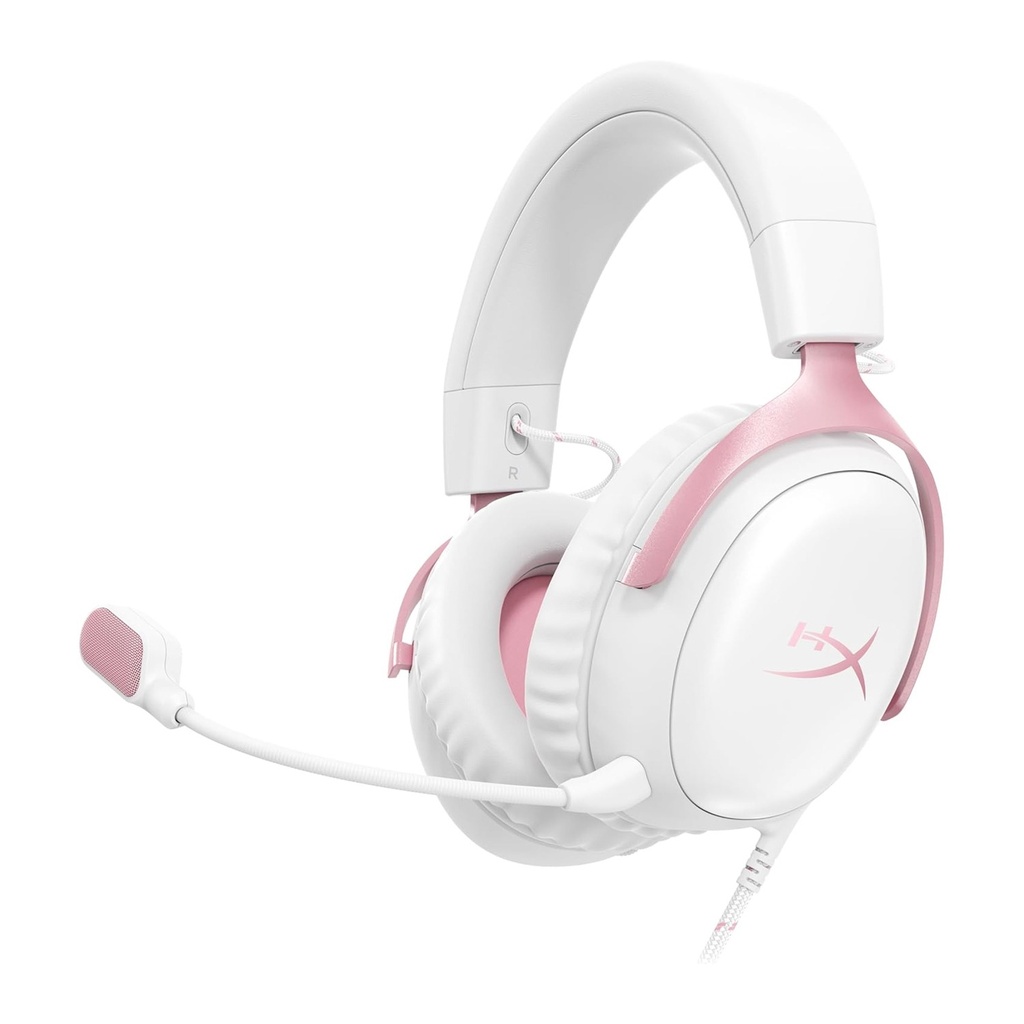 HyperX Cloud III Wired Gaming Headset, PC, PS5, Xbox Series X|S, Angled 53mm Drivers, Memory Foam, Durable Frame, Ultra-Clear 10mm Mic, USB-C, USB-A, 3.5mm, White/Pink | 9W1Q4AA