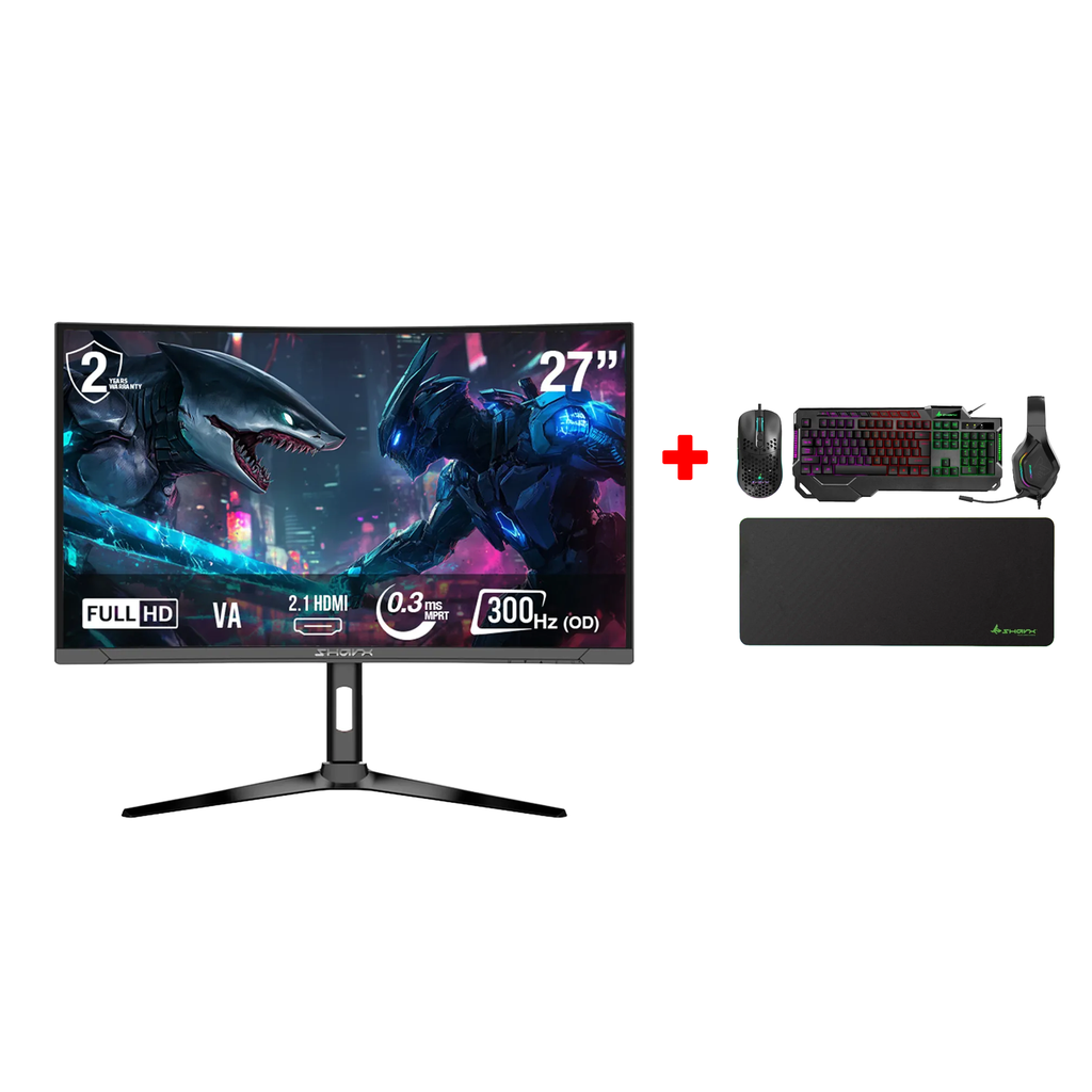 [SJ2CU] SharX Jaws 27" Curved Gaming Monitor, VA Panel FHD 300Hz 0.3ms HDMI 2.1 With AMD FreeSync & Nvidia G-Sync Compatibility + SharX Jaws JS4X1 4-In-1 Gaming Bundle, Keyboard (English & Arabic) Mouse, Headset & MousePad (مستعمل)