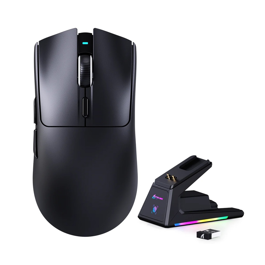 [X1-BLACK] Attach Shark X1 PAW3395 Pro Wired+2.4G & BT Connections 50-40000DPI, 100 Million Times Switch with RGB Charging Dock - Black