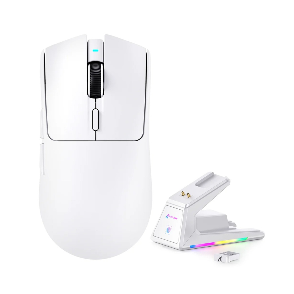Attach Shark X1 PAW3395 Pro Wired+2.4G & BT Connections 50-40000DPI 100 Million Times Switch with RGB Charging Dock - White