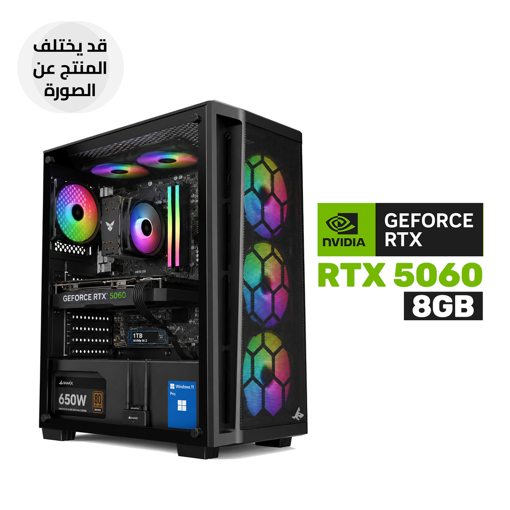 Gaming PC i5-14400F Processor, H610 D5 Motherboard, 16GB RAM DDR5, 1TB SSD NVME, RTX 5060 8GB VGA, 650 WATT PSU, Sharx Razorfin ATX Mid Tower Case 4X Fans, USB Wi-Fi Adapter, Windows 11 Pro (License)