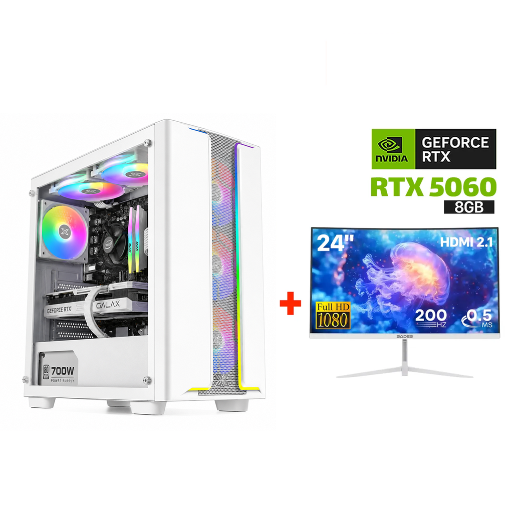 Gaming PC Intel Core i5-14400F,H610 D5 Motherboard,16GB D5 RAM,1TB NVME SSD,RTX 5060 8GB VGA White,700 WATT PSU,Xigmatek Gaming Y Pro Arctic White,4x Pre-Installed RGB Fans,Win 11 Pro (License)+Sades 24" FHD 200Hz HDMI 2.1 Curved Gaming Monitor