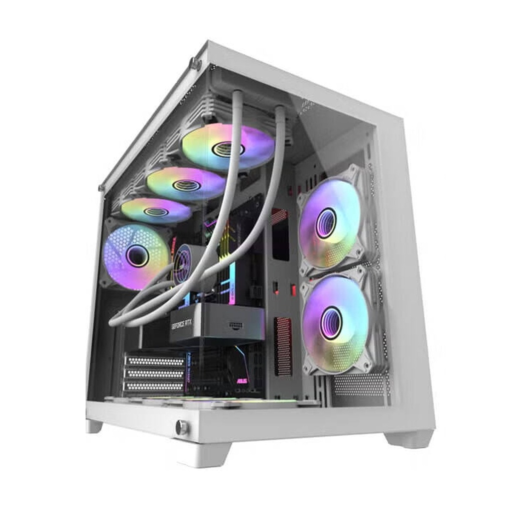 DarkFlash Aigo C285P V2 Mid Tower Two Panel Front & Left Side Tempered Glass Case with 7 ARGB Fans - White