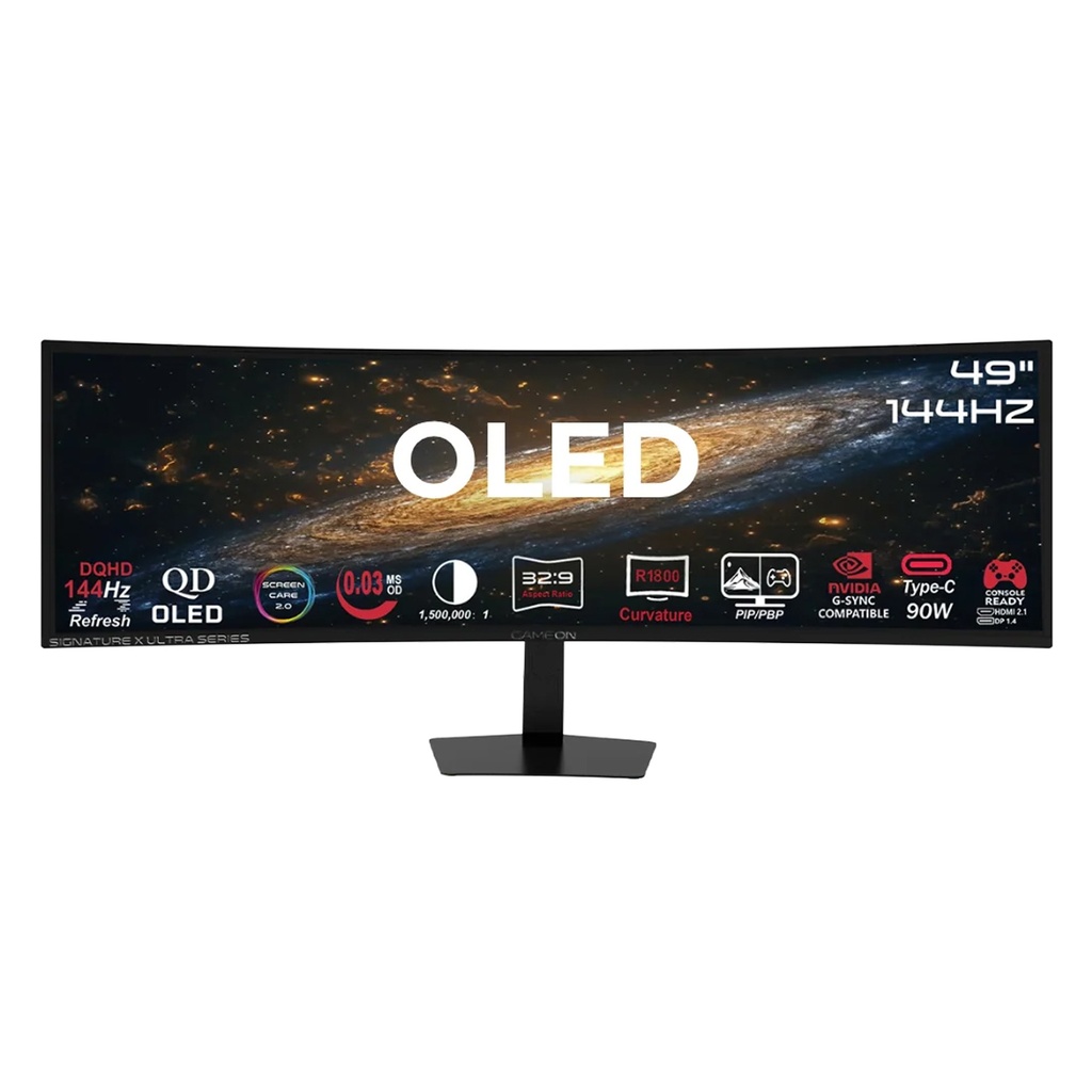 Gameon Signature X Ultra-Wide 49" QD-OLED Dual 2K DQHD, 144Hz, 0.03ms, HDMI 2.1, Curved Gaming Monitor (Supports PS5) -Black