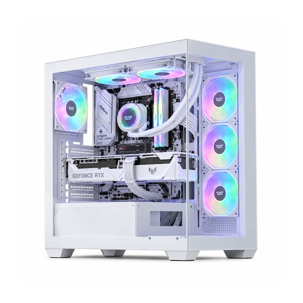 Aigo DarkFlash DS900W Gaming PC Case with 7 ARGB Fans Pre Installed, Tempered Glass Panels - White