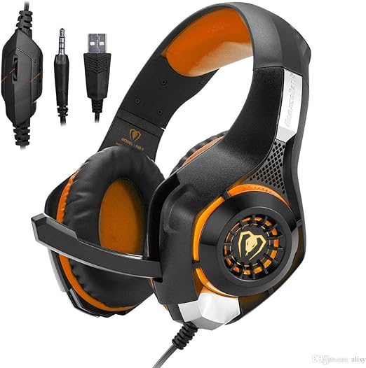 Beexcellent Gaming Headset GM-1 Over-Ear Wired 3.5mm Pro Surround Sound Gaming Headphone with LED Effect and Microphone for PC, Laptop, Tablet, PS4, Xbox, Cell Phone (Orange)