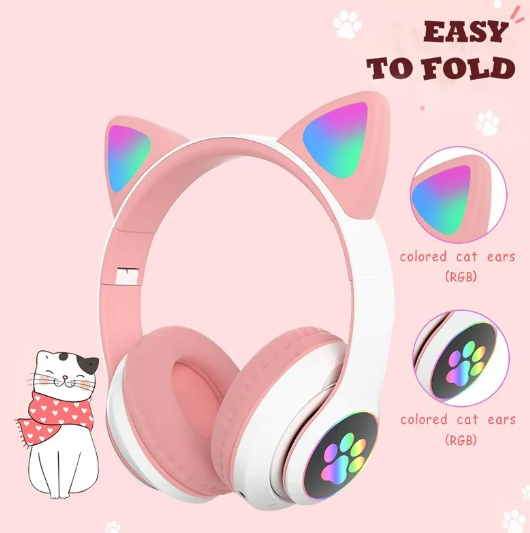 [FLC0U] Flash Light Cute Cat Ears Wireless Headphone with Mic control LED Girl Stereo Music Helmet Phone Bluetooth-compatible Headset (مستعمل)