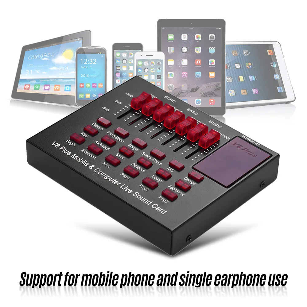 Live Sound Card USB Audio Interface with Multiple Sound Effects BT Connection for Singing Live