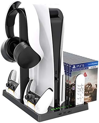 Multi-Function Charging Stand with Cooling Fan for PS5 Disc/Digital Edition/PS5 Controller, Vertical Charger Cooling Storage Stand for Playstation5 (Black) 