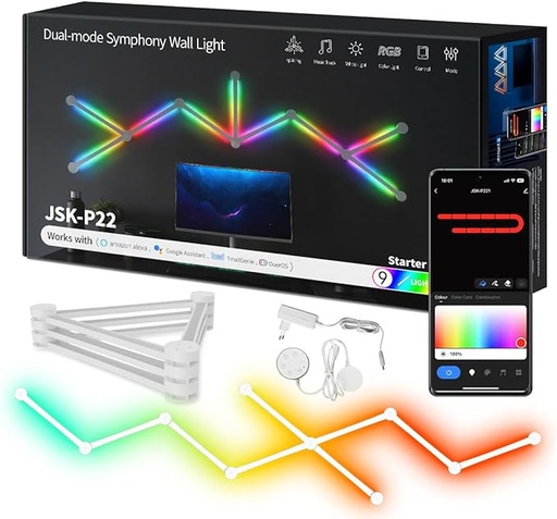 LED Smart Glide Wall Line Light, WiFi RGB LED Wall Light for Gaming Room, 16M+ Colors, Music Sync, Compatible with Alexa and Google Assistant(9 Light Lines,White) 