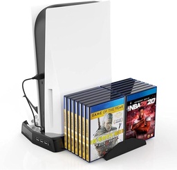 KJH-P5-010-2 PS5 Cooling Fan Station and Dual Controller Charger Station for Playstation 5 PS5 Console, LED Indicator + 16 Game Storage disc Holders, 3 USB Ports (Black)