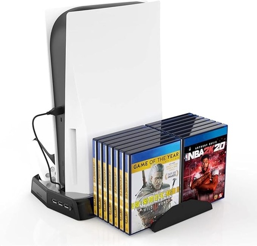KJH-P5-010-2 PS5 Cooling Fan Station and Dual Controller Charger Station for Playstation 5 PS5 Console, LED Indicator + 16 Game Storage disc Holders, 3 USB Ports (Black)